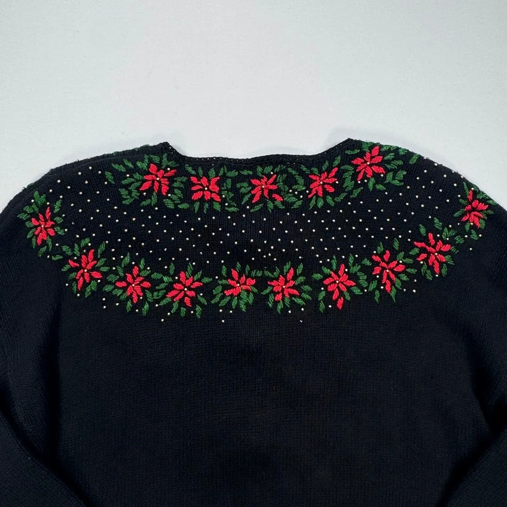 Christopher & Banks Christmas Cardigan Sweater Large Black Poinsettia Beaded L
